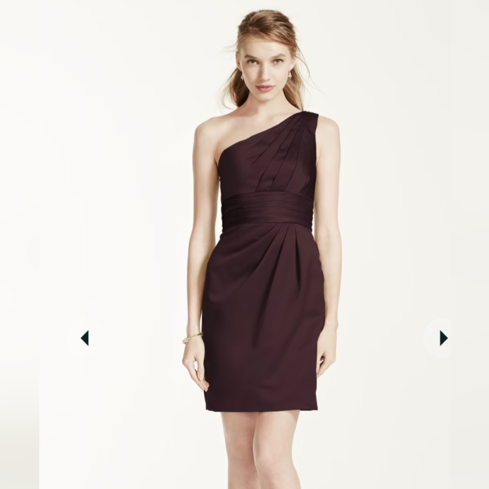 David's Bridal Size 6, One Shoulder Satin Dress W/ Pleated Bodice, Truffle/Brown - Picture 4 of 5